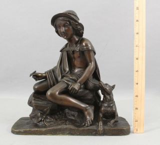 Antique 19thc Bronze Sculpture,  Young Italian Country Boy & Dog,  Young Artist
