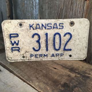 Vintage Kansas Pwr License Plate,  Blue And White Kansas License Plate Number 3102