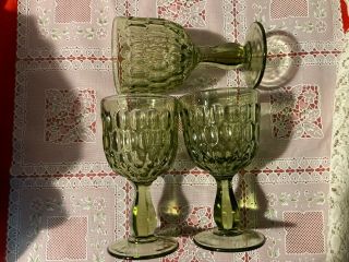3 Vintage Fenton Art Glass Colonial Green Thumbprint Large Stemware Goblets 6.  5 "