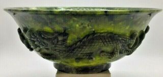 Vintage Large Hand Carved Authentic Jade Bowl With Dragon Design And Orig.  Box