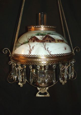 Antique Miller Hanging Oil Lamp (wrap - Around Mountain Winter Cabin Shade)