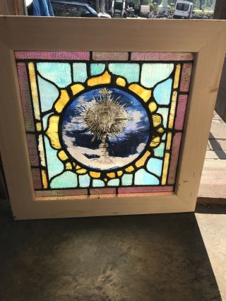Sg 3417 Antique Painted And Fired Stained Glass Window 22 X 22.  5 Monstrance