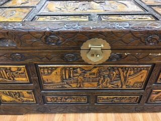 Vintage Oriental Chinese Camphor Wood Hand Carved Box Trunk Hope Chest Table