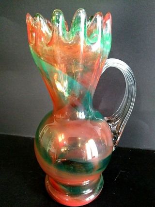 Vintage Art Glass Vase Orange And Green Swirl With Handle Hand Blown