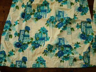 Vintage Pair Pinch Pleated Blue Aqua Flowered Fiberglass Curtains 2