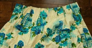 Vintage Pair Pinch Pleated Blue Aqua Flowered Fiberglass Curtains 3