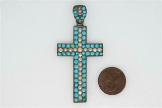 Antique Victorian Silver Gilt Natural Turquoise & Pearl Cross Pendant C1880