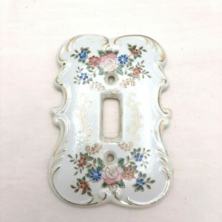 Vintage Ceramic Light Switch Cover White Floral Gold Gilded Scroll Scalloped