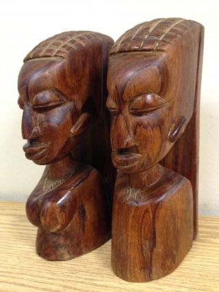 Vintage Solid Carved Wood African Male & Female Bookends
