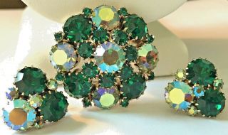 Vintage Signed Weiss Emerald Green Aurora Borealis Rhinestone Brooch Pin Earring