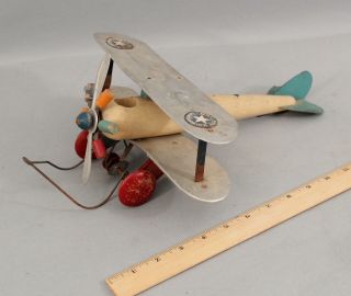 Rare Antique 1927 Go - Toy Wood Aluminum Biplane Airplane Pull Toy