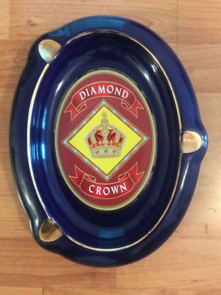 Diamond Crown Cobalt Blue W/ Gold Trim Ceramic 3 Cigar Ashtray Oval Large Ash