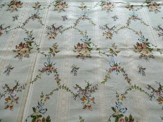 Antique French Cream Floral Silk Brocade Textiles Fabric Yardage 53.  5 " X 49 "