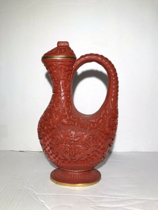 Unique Rare Vintage Chinese Cinnabar Fine Hand Carved Pitcher Jug With Lid