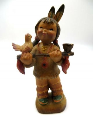 Vintage Anri Indian Girl With Peace Pipe & Bird - 3 " Wood Carved Figurine Italy
