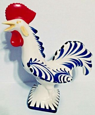 Vintage Made In Portugal Rooster Figurine Ceramic Hand Painted Blue And White