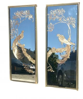 Pair Mid Century Modern Wall Art Brass Birds Hollywood Regency Mirrors