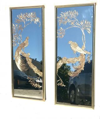 Pair Mid Century Modern Wall Art Brass Birds Hollywood Regency Mirrors 2