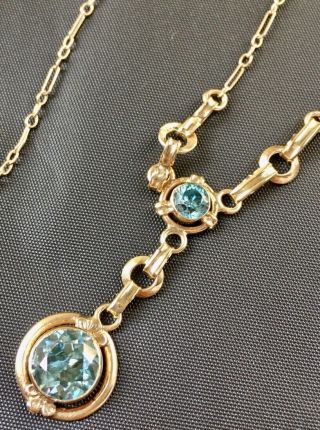 Rare Estate Antique Victorian 14k Yellow Gold Blue Zircon Paperclip Necklace