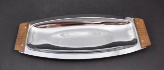 Vintage Chrome Plate Tray Dish Shallow Bowl Wood Handles About 16 1/2 " Long