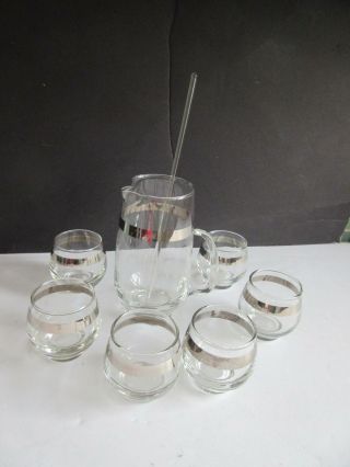 Vtg Libbey Silver Rim Cocktail Mixer W 6 Roly Poly Glasses Dorothy Thorpe Style