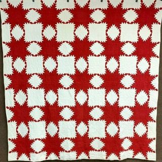 Turkey Red C 1890 - 1900 Feathered Star Quilt " Touching " Antique