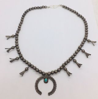 Antique Navajo Native American Sterling Silver Turquoise Squash Blossom Necklace