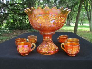 Northwood Grape & Cable Antique Carnival Glass Complete 8 Pc Punch Set Marigold