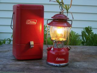 Vintage Coleman Lantern Model 200a,  1964,  Red Steel Storage Case,