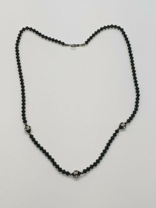 Vintage Sterling Silver 925 Black Glass Bead Crystal Choker Necklace Art Deco