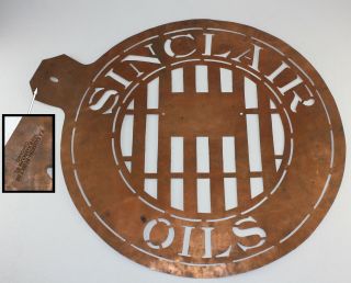 Antique Sinclair Oils Pierced Copper Stencil Advertising Sign Barrel Primitive