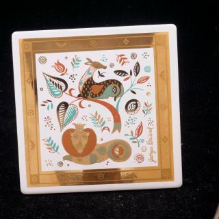 Vintage mid century signed Georges Briard enamel tile 4½” lion deer leaves 2