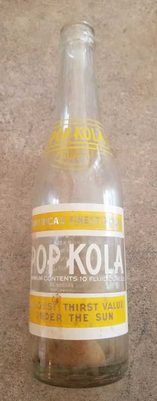 Vintage Pop Kola Glass Bottle Yellow And White Advertisement U.  S