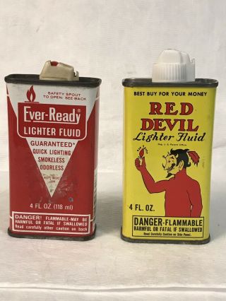 Vintage Red Devil & Ever Ready Lighter Fluid Tin Cans Ex