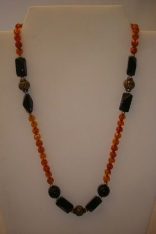 Vintage Black Onyx,  Silver Plated And Amber Beaded Necklace 20 "