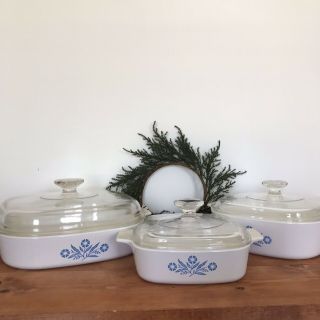 Vintage Set Of 3 Corning Ware Blue Cornflower Casserole Dishes With Glass Lid