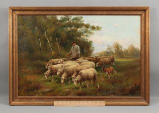 Antique Vitollo Sheep Shepherd,  Border Collie Dog Bucolic Landscape Oil Painting