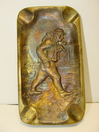 Vintage Cast Brass Coal Miner Ashtray Smoking Antique Coal Miner W/ Pipe France