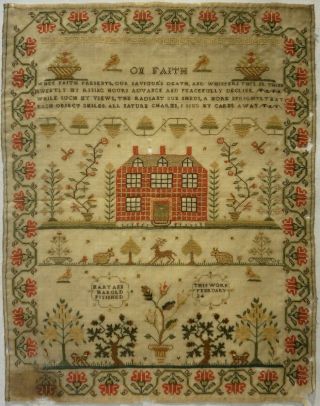 Early 19th Century Red House,  Motif & Verse Sampler By Mary Ann Harold - C.  1835