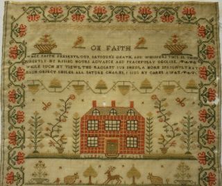 EARLY 19TH CENTURY RED HOUSE,  MOTIF & VERSE SAMPLER BY MARY ANN HAROLD - c.  1835 2