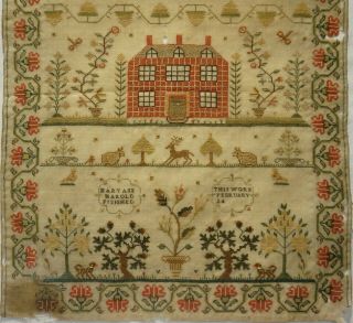 EARLY 19TH CENTURY RED HOUSE,  MOTIF & VERSE SAMPLER BY MARY ANN HAROLD - c.  1835 3