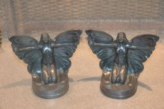 Vintage Art Nouveau Pewter Butterfly Girl Book Ends Bookends