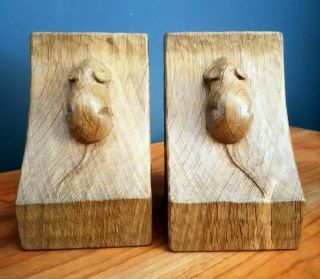 Rare Mouseman Robert Thompson Hand Carved Bookends.  Solid Medium Oak.  Book Ends.