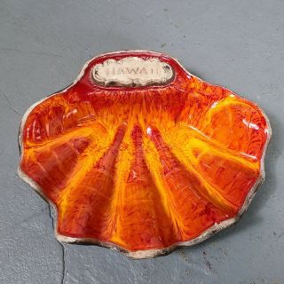Vtg Treasure Craft Of Hawaii Tikki Souvenir Ashtray Orange Shell Bar Decor Mcm