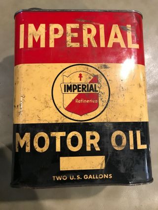Vintage Imperial Refineries Motor Oil 2 Two Gallon Oil Can Metal Red White Blue