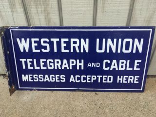 Antique Western Union Telegraph And Cable Porcelain 4 Hole Flange Sign