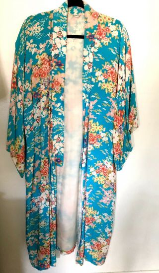 Vintage Japanese Silk Kimono Robe Blue Floral Print