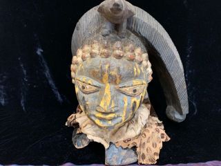 Antique African Art Hand Carved Wood Mask Bird Finial Cloth Embellishments 13”