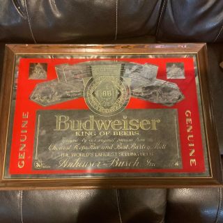 Vtg Budweiser King Of Beer Anheuser Busch Mirror Bar Sign Man Cave 1987 26”x18”