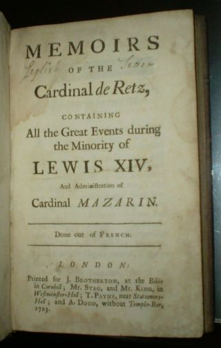 MEMOIRS OF THE CARDINAL DE RETZ,  1723,  FIRST EDITION IN ENGLISH,  ANTIQUE LEATHER 2